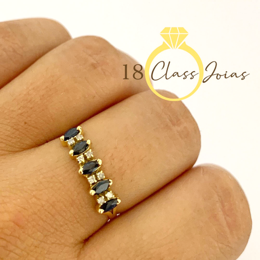 Anel Meia Aliança  em Ouro 18k - com 5 Safiras e 8 Diamantes Naturais