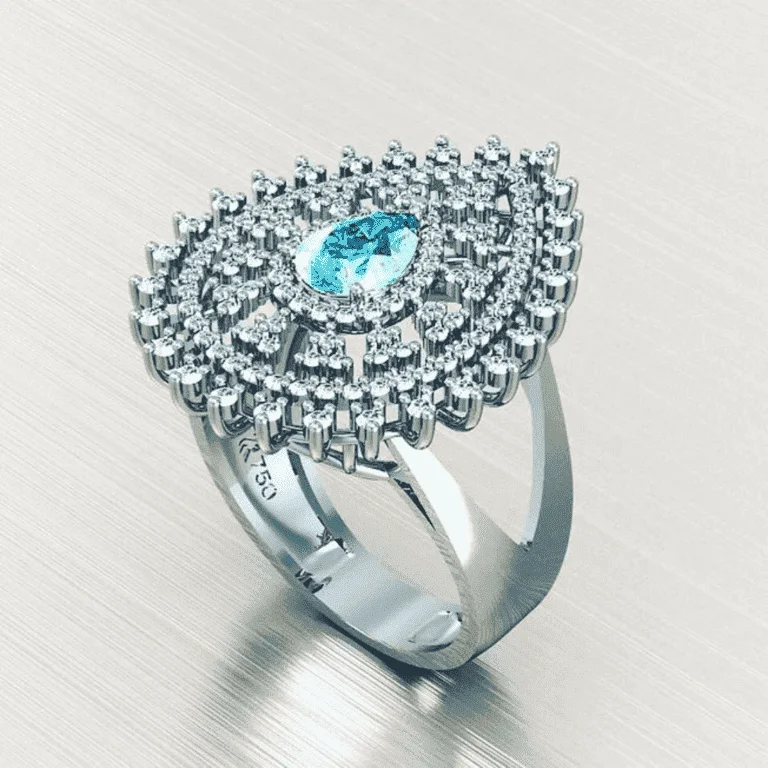 Anel Abu Dhabi Ouro Branco 18k - Alta Joalheria - Água Marinha e 128 Diamantes Naturais