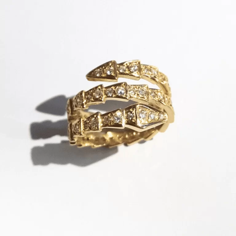 Anel Serpentes em Ouro Amarelo 18k com Diamantes - Estilo Bulgari - Alta Moda