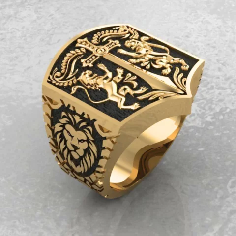 Anel Masculino Leões e Espada em Ouro 18k de Alta Joalheria - 23.5 gramas