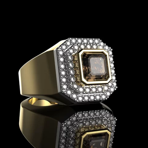 Anel Masculino Alta Moda em Ouro 18k com gema central quadrada e 52 Diamantes ao redor - 22,5 gramas