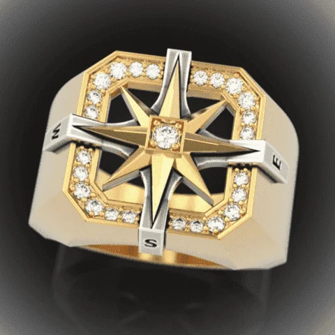 Anel Masculino "Rosa dei Venti" de Alta Joalheira em ouro Bicolor 18k - 25 Brilhantes - 19 gramas