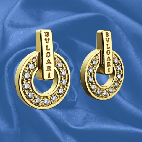 Par de Brinco em Ouro Maciço 18k - Estilo Bulgari - 26 Diamantes - 4 gramas