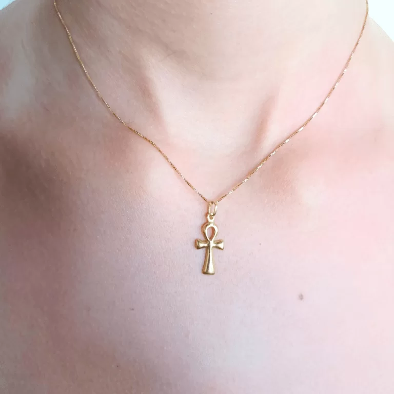 Colar Veneziana 40cm Com Pingente Cruz Egípcia Ankh Em Ouro 18k