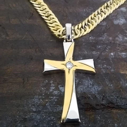 Pingente Cruz Bicolor de Alta Joalheira em ouro 18k com diamante central de 10 pontos - 11,5 gramas